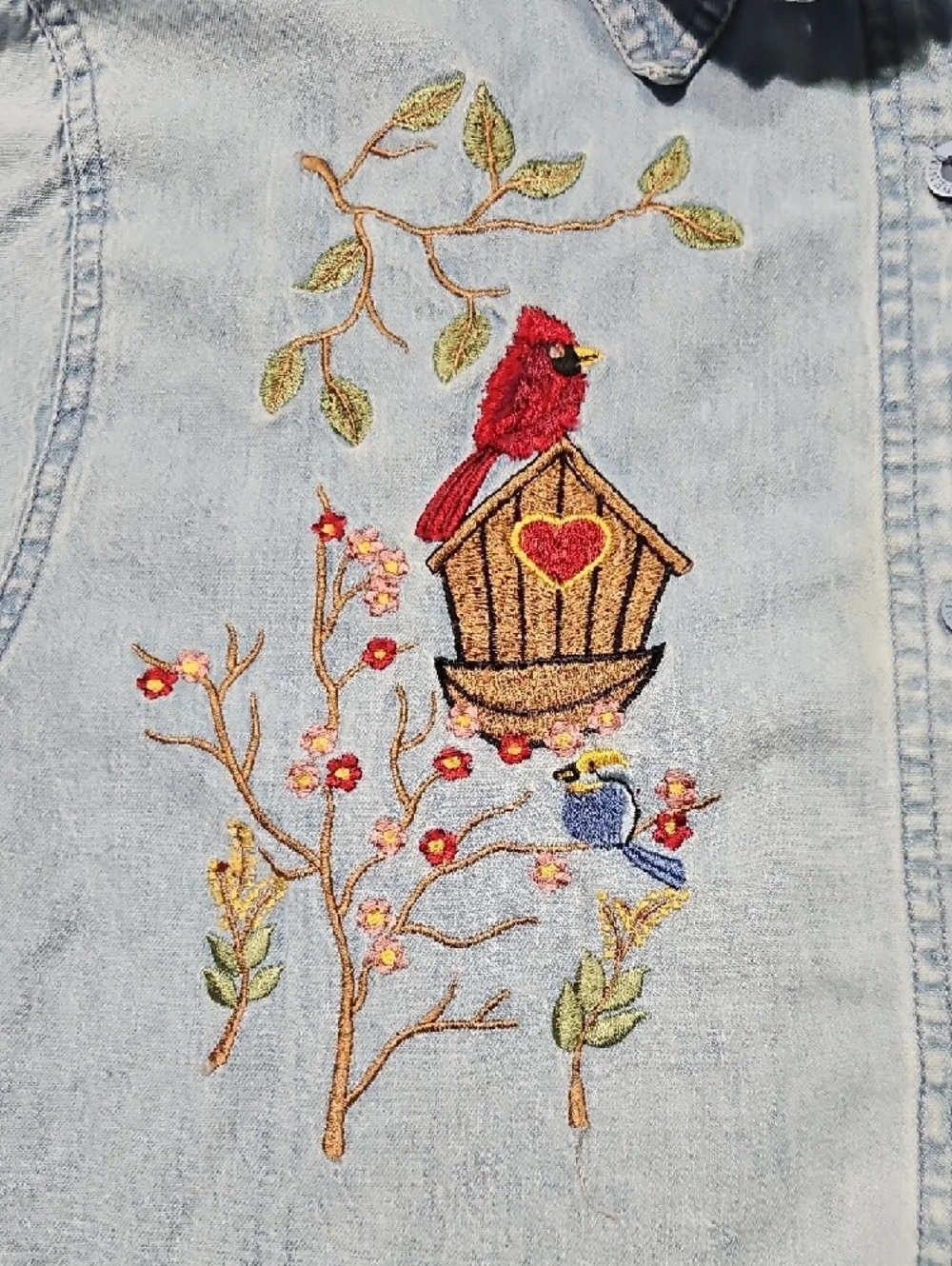 Vintage Light Wash Denim Button-Down Shirt with Cardinal Embroidery, Size Large - Picture 5 of 13